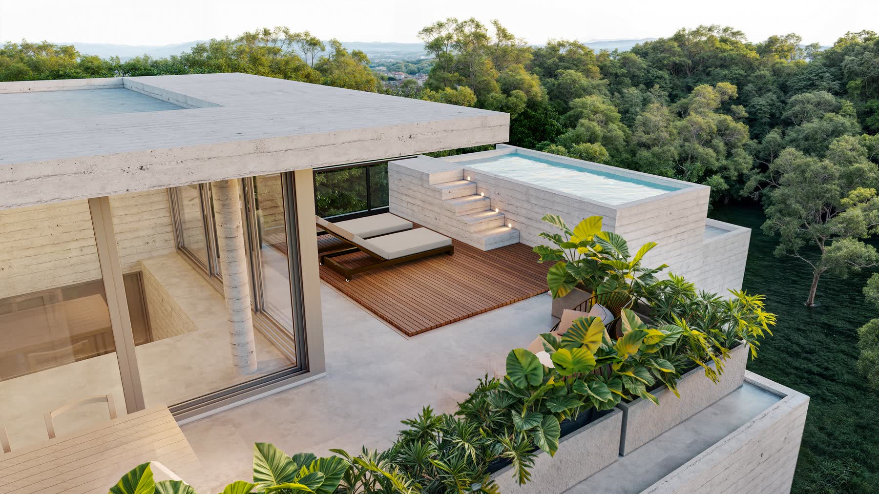 Vista aérea do rooftop da Casa Terra com piscina e pavilhão envidraçado