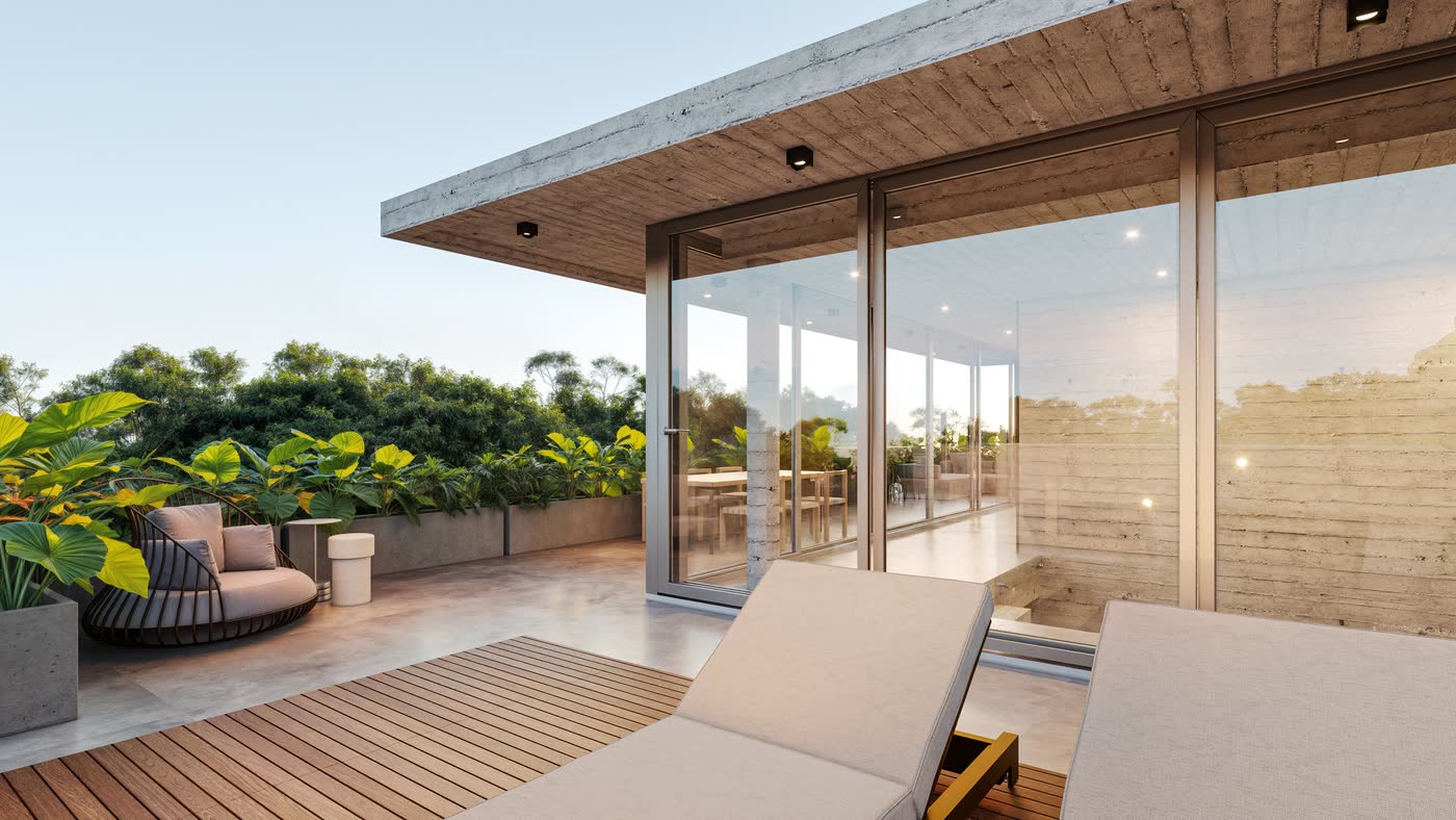 Deck do rooftop ao entardecer