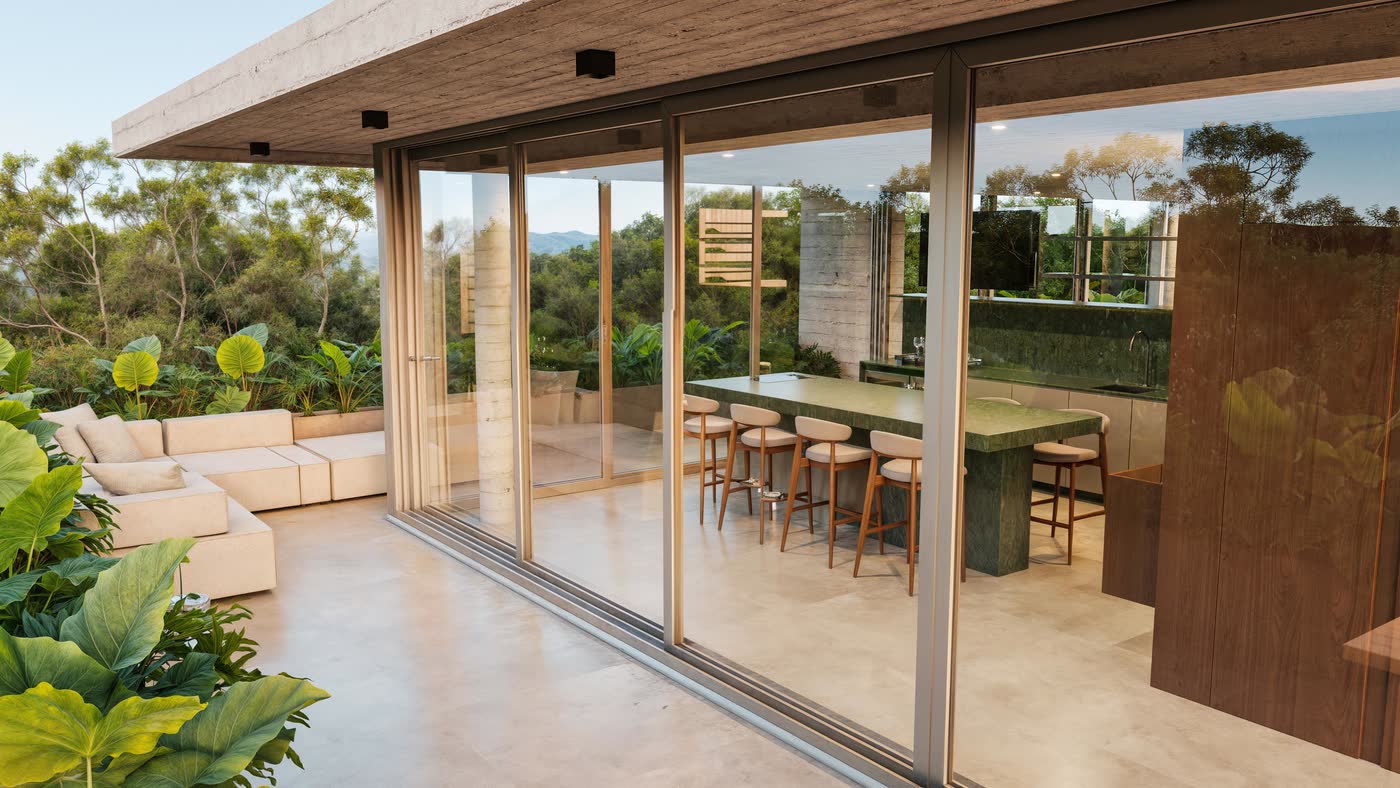 Terraço com mesa e vista